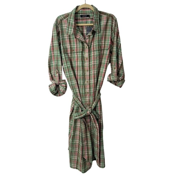 LRL Ralph Lauren Green and Pink Plaid Flannel Belted Shirt Dress 22W NWT - Picture 2 of 9